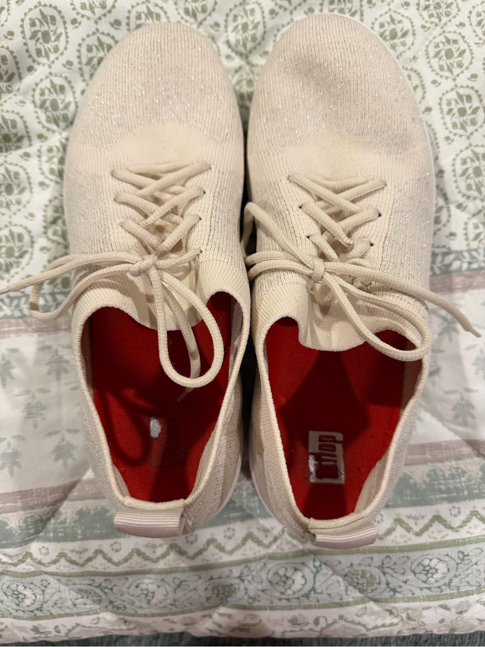 FitFlop Cream Knit Lace-Up Sneakers with Red Insole